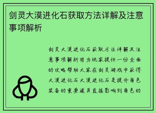 剑灵大漠进化石获取方法详解及注意事项解析