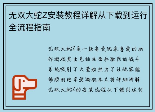 无双大蛇Z安装教程详解从下载到运行全流程指南